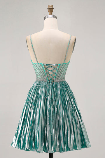 Metallic Satin Green A Line Spaghetti Straps Sequins Short Prom Dress